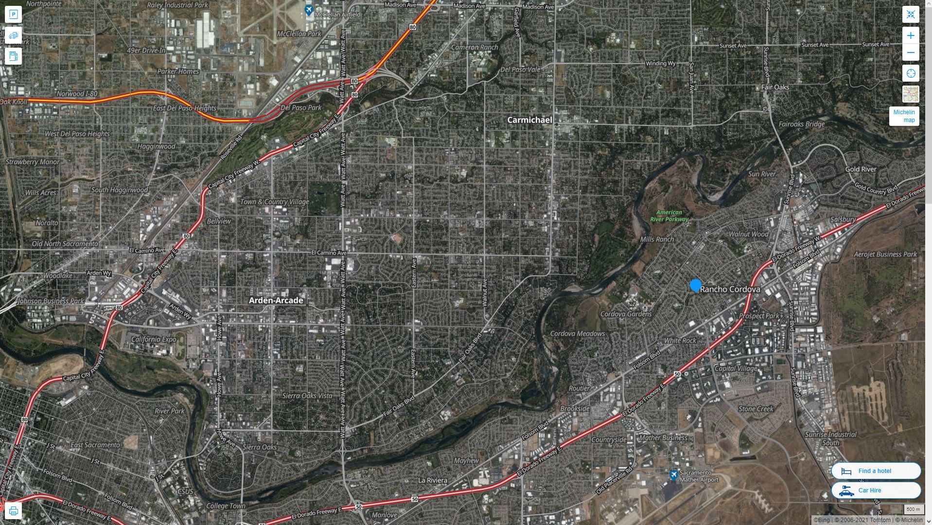 Rancho Cordova California Highway and Road Map with Satellite View